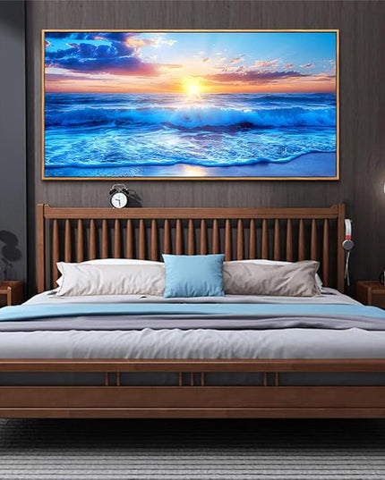Wapluam Wood Framed Canvas Wall Painting Large Wall Art For Living Room Wall Decor For Bedroom Office Wall Decor Blue Sea Wave Pictures Artwork For Modern Beach Seascape Posters Home Decorations