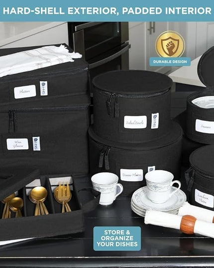 Hard Shell China Storage Containers 12-Piece Set Moving Boxes for Dinnerware, Glasses, Plates, Mugs and Saucers Sturdy Dish Organizer with Dividers for Seasonal Storage - Service for 12 - Black