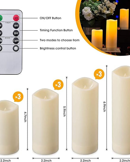 12 Pack Flameless Candles Battery Operated Waterproof Led Candles (D:2.2" X H:4" 5" 6" 7") Candles with 2 Remotes Contro for Wedding, Party, Birthday