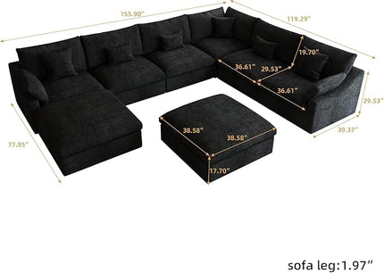 Modular Sectional Sofa Couch With Ottoman,156inch U Shaped Down Filled Cloud Couch,Convertible Sofa Bed Living Room Set,8 Seat Sleeper Bed, Cover Washable and Replaceable Couches for Living Room,Black