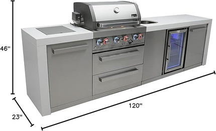 Mont Alpi MAi400-DBEV 32-inch 4 Burner 78000 BTU Deluxe Stainless Steel Modular Outdoor Kitchen Island Barbecue Grill with Beverage Center + Granite Countertops & Sides + Rotisserie and Grill Cover