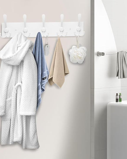 Coat Rack Wall Mount Coat Hooks Wooden Hat Rack for Wall Hooks Pine Real Wood Plank 16.9" White Coat Hanger with 5 White Triple Hooks for Hanging Coat Hat Jacket