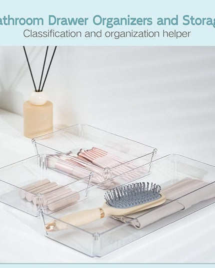 9 Pack Large Clear Plastic Drawer Organizer Trays, Desk Drawer Organizers and Storage Dividers, Non-Slip Storage Bins for Jewelry, Snacks, Office, Bathroom, Bedroom and Kitchen