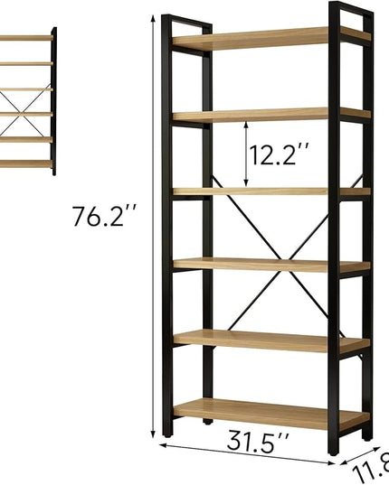 Real Solid Wood Rustic Vintage Industrial Etagere Bookshelf, Metal & Timber Free Vintage Bookcase, Retro Brown (Genuine Timber) (6-Tiers-RawWood)