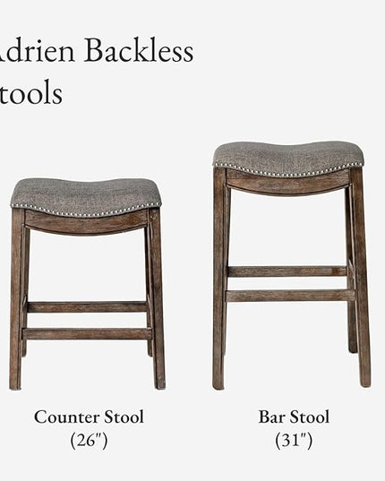 Maven Lane Adrien Backless Bar Stool – 31 Inch Saddle Seat with Footrest – Brown Solid Wood Frame & Grey Fabric Upholstery – Ideal for Bars, Pub Tables & Tall Kitchen Counters