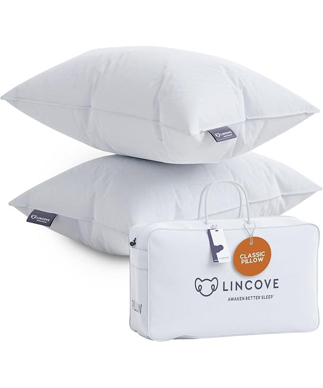 Lincove Down and Feather Luxury Hotel Collection Bed Pillows for Sleeping Made in The USA - 100% Cotton Shell, 600 Thread Count - Soft Hypoallergenic (Standard Size, Pack of 2)