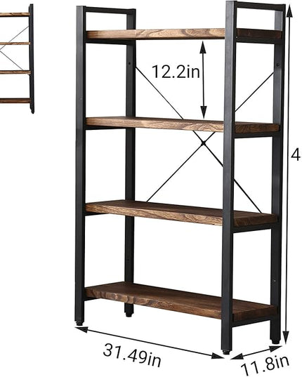 Solid Wood Bookshelf,4 Tier Rustic Vintage Industrial Etagere Bookcase, Open Metal and Wood Vintage Book Shelf, Retro Brown (RealWood)(4-Tier)