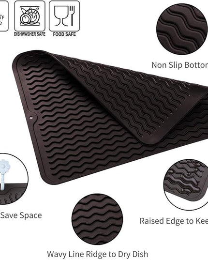 Silicone Dish Drying Mat for Multiple Usage,Easy clean,Eco-friendly,Heat-resistant Silicone Mat for Kitchen Counter or Sink,Refrigerator or drawer liner Coffee L 16 inches x 12 inches