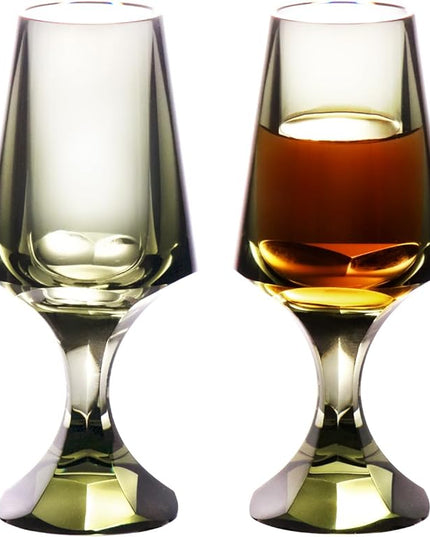 KAMMAK Crystal Snifter Glass Set of 2 - Hand Blown Stemmed Whiskey Glass for Bourbon-2.37oz, Brandy & Cognac with Delicate Rim, Colored Elegant Etched Detailing, Luxury Barware for Tasting & Gift