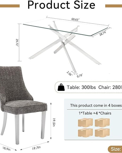 Rectangle Glass Dining Table Set for 4, 60'' Kitchen Table and Chairs Set, 5PCS Modern Dining Room Table Set with 4 Dining Chair for Home