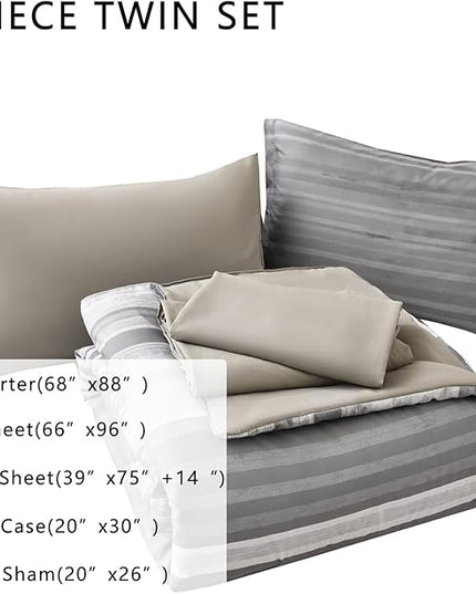 KAKIJUMN 5 Piece Bed in a Bag Stripe Comforter Set Twin Size, White Grey Patchwork Striped Comforter and Sheet Set, All Season Soft Microfiber Complete Bedding Set(Light Grey,Twin)