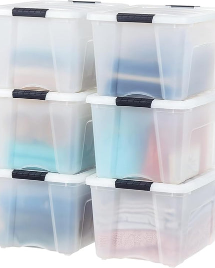 IRIS USA 40 Qt Stackable Plastic Storage Bins with Lids, 6 Pack - BPA-Free, Made in USA - Discreet Organizing Solution, Latches, Durable Nestable Containers, Secure Pull Handle - Pearl