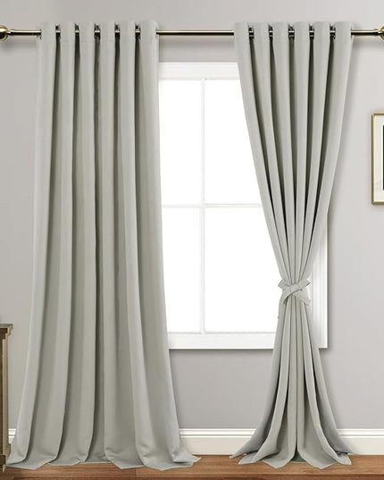 JIUZHEN Silver Grey Blackout Curtains with Tiebacks Thermal Insulated, Light Blocking and Noise Reducing Grommet Curtains for and Living Room, Set of 2 Window Curtain Panels, 70 x 96 Inch Length