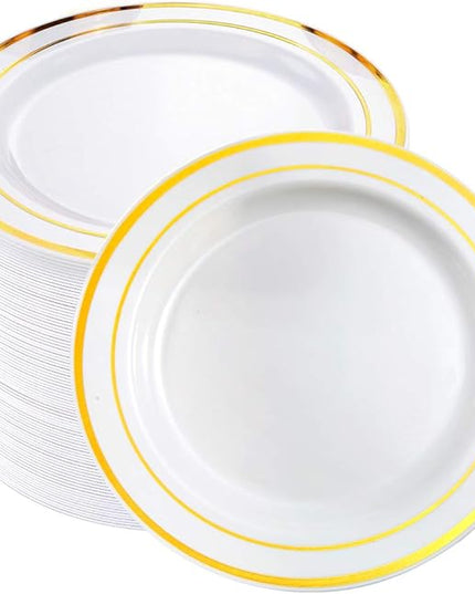 bUCLA 100Pieces Gold Plastic Plates -7.5inch White and Gold Disposable Salad/Dessert Plates - Ideal for Weddings, Party & Thanksgiving