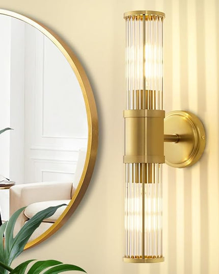 Gold Wall Sconce Bathroom Vanity Light Fixtures for Mirror, Modern Wall Light with Glass Rod Shade for Bathroom, Bedroom, Hallway, Living Room - Bulb Not Included