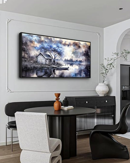 ERQINHUA Wall Art For Living Room Canvas Wall Decor For Bedroom Office Decoration Blue Tree Lakeside Landscape Painting Art Print Modern Beach Posters Ready To Hang Home Decor Black Frame 20"x40"