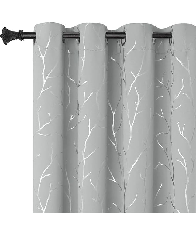 BUHUA Black Out Curtains 108 Inch Long 2 Panels, Soundproof Curtains with Elegant Silver Tree Branches Print, Heat Blocking Curtains for Livingroom, 52W x 108L, Silver