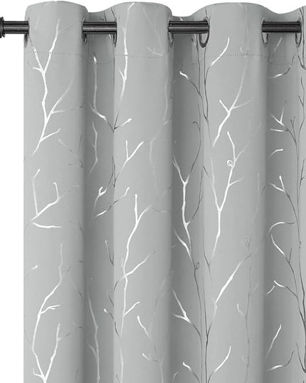 BUHUA Blackout Curtains for Bedroom and Living Room, 72 Inches Long, Thermal Insulated Drapes, 2 Panels with Tree Branches Design - 38W x72L Inch, Silver Grey, Set of 2