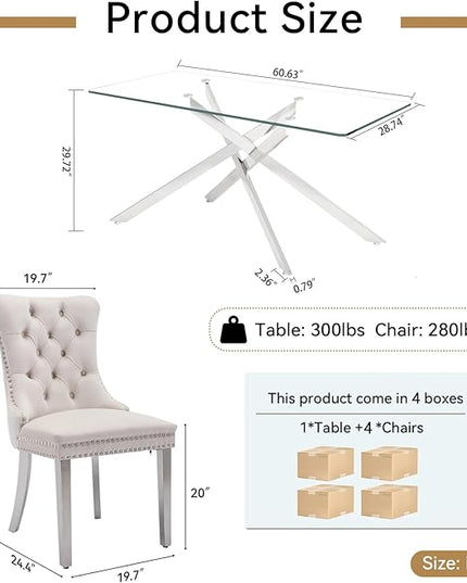 60" Glass Dining Table Set for 4, Modern Dining Room Table Set for 4, Silver X-Shape Pedestal Glass Table with 4pcs Beige Dining Chairs, 5 Piece Dining Set for Dining Living Room