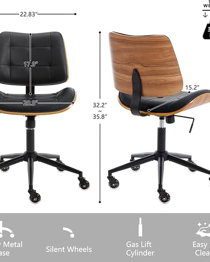 Home Office Desk Chair with Wheels, Adjustable Height Armless Office Chair, PU Leather Mid Back 360° Small Computer Chair, Modern Walnut Chair No Arms for Office, Reading Meeting Room(Black)