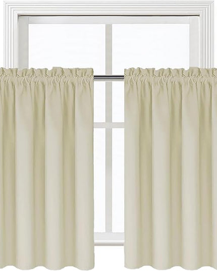 DWCN Light Beige Short Room Darkening Curtains for Kitchen/Bedroom, 42 x 36 inches Long - Energy Saving Window Drapes for Nursery with Rod Pocket, Set of 2 Panels