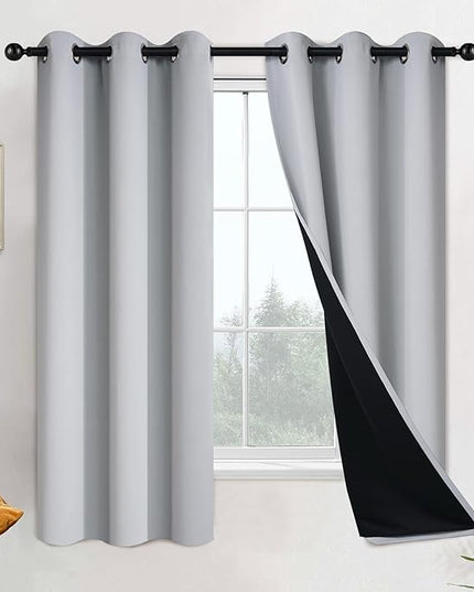 Yakamok 100% Blackout Curtains for Bedroom 63 Inch Length, 2 Thick Layers Thermal Insulated Grommet Total Blackout Drapes with Black Liner for Living Room (42Wx63L,Light Grey, 2 Panels)