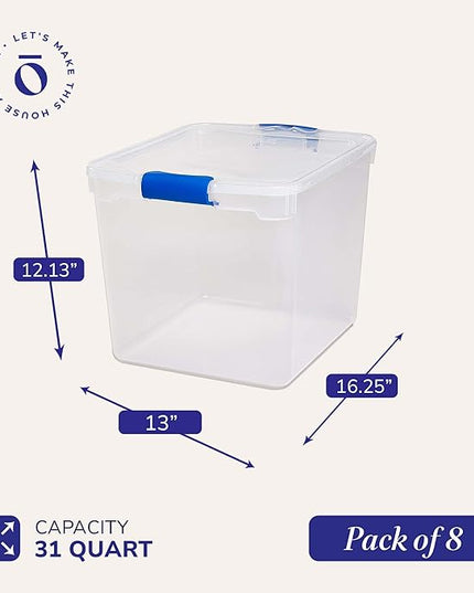HOMZ 8-Pack Secure Latch, Clear Plastic Storage Organizer Bins, 31 Quart, Blue Latches - Stackable Container Boxes for Bedroom, Bathroom, Garage, and Office Organization