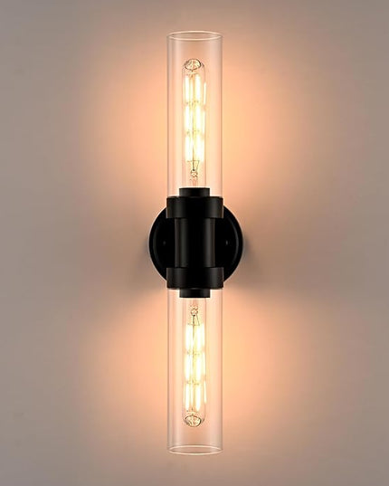 Farmhouse Black Wall Sconce 2-Light Cylinder Bathroom Vanity Lights with Clear Glass Shade 20-Inch Modern Matte Black Glass Sconces Wall Lighting for Bedroom Hallway Staircase