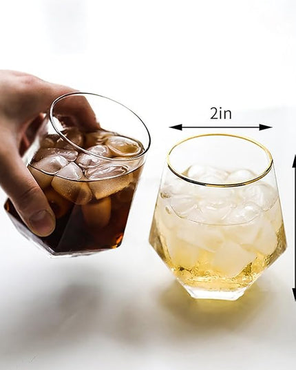 Diamond Wine Glass Set of 2, Modern Stemless Golden Edge Glass Cups Drinking Glassware for Serving Party,Home,Bar, Restaurants Transparent