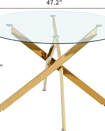 47.24" Round Glass Dining Table Modern Kitchen Glass Top Table for 6 with Gold Chrome Metal Legs, Clear Dining Table Kitchen Table for Home Office Dining Room