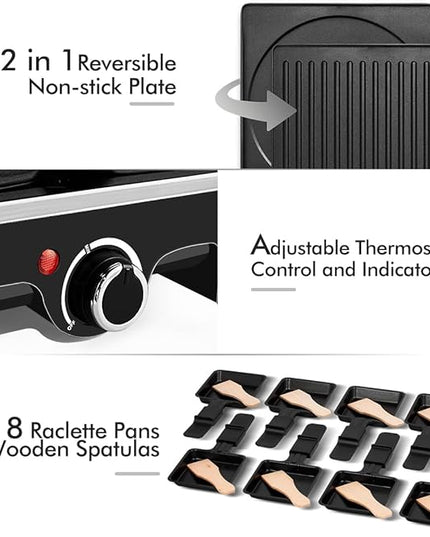 Raclette Table Grill, CUSIMAX Electric Grill, Indoor Grill Korean BBQ Grill With 2 in 1 Reversible Non-stick Plate, Crepe Maker with Adjustable temperature control, 8 Raclette Pans & Wooden Spatulas