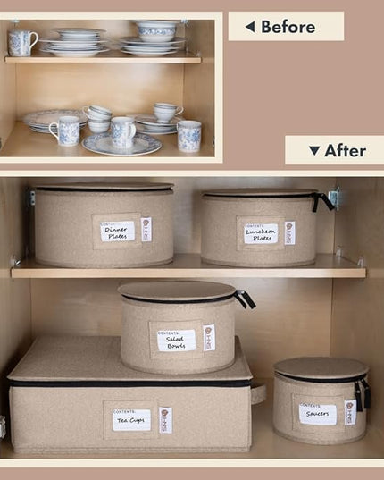 Hard Shell China Storage Containers 5-Piece Set Moving Boxes for Dinnerware, Glasses, Plates, Mugs and Saucers Sturdy Dish Organizer with Dividers for Seasonal Storage - Service for 12 - Brown