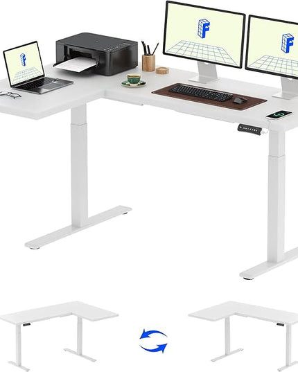 FLEXISPOT Corner Desk Dual Motor L Shaped Computer Electric Standing Sit Stand Up Desk Height Adjustable Home Office Table with Splice Board, 71x48 White