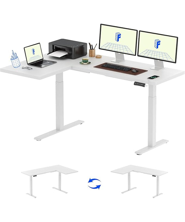 FLEXISPOT Corner Desk Dual Motor L Shaped Computer Electric Standing Sit Stand Up Desk Height Adjustable Home Office Table with Splice Board, 71x48 White