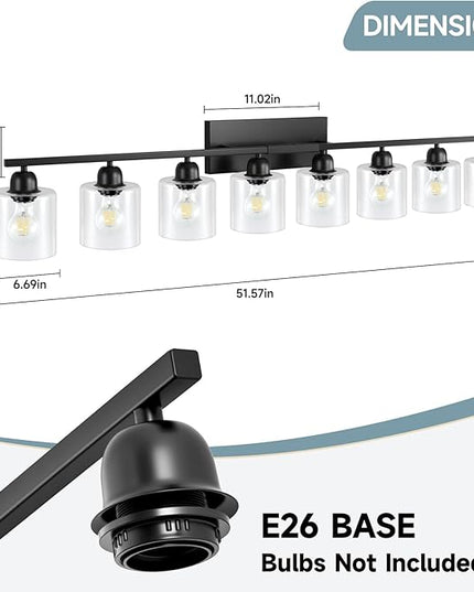 Modern 8 Light Bathroom Light Fixtures, 52 inch Vanity Lights for Bathroom with Clear Glass, Black Bathroom Light Fixture for Mirror Kitchen Living Room Hallway Cabinet Porch