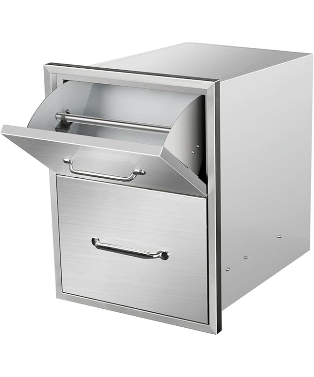 Outdoor Kitchen Drawers with Paper Towel Holder 16" W x 20" H x 20" D Flush Mount BBQ Drawers with Chrome Handle,Stainless Steel Built-in Double Access Drawers for Outdoor Kitchen Island