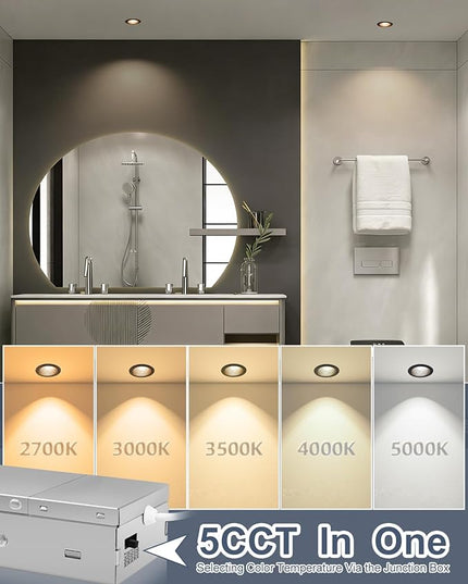 3 Inch 5CCT Anti-Glare LED Recessed Lights with Junction Box, 2700K/3000K/3500K/4000K/5000K Selectable, 12W 1260LM CRI90+, Dimmable Canless Waterproof Downlight, ETL & FCC（Black, 1 Pack）