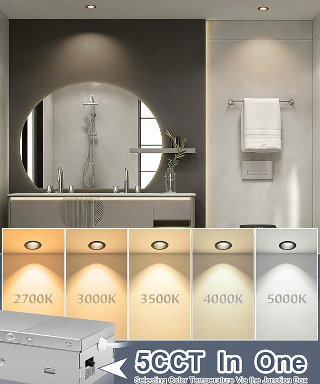 3 Inch 5CCT Anti-Glare LED Recessed Lights with Junction Box, 2700K/3000K/3500K/4000K/5000K Selectable, 12W 1260LM CRI90+, Dimmable Canless Waterproof Downlight, ETL & FCC（Black, 1 Pack）