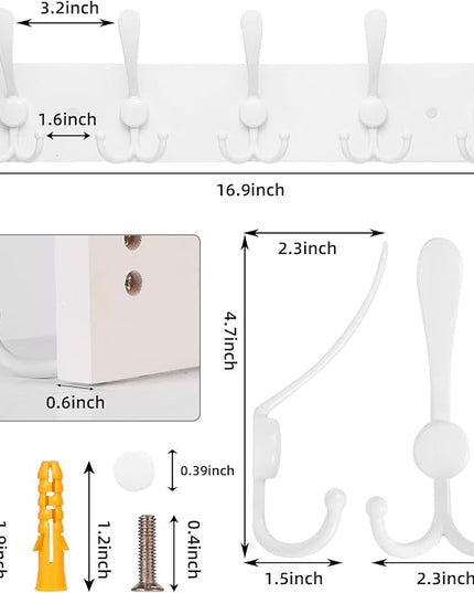 Coat Rack Wall Mount Coat Hooks Wooden Hat Rack for Wall Hooks Pine Real Wood Plank 16.9" White Coat Hanger with 5 White Triple Hooks for Hanging Coat Hat Jacket