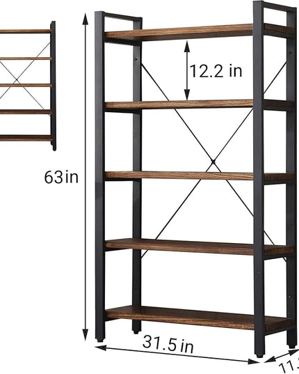 5 Tier Bookcase, Solid Wood Bookshelf Rustic Vintage Industrial Etagere Bookcase, Metal and Wood Free Vintage Bookshelf, Retro Brown (5-Tiers)