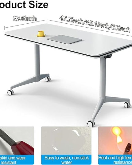 Conference Table, Folding Conference Room Tables on Wheels, Modern Meeting Seminar Table Computer Desk, Boardroom Desk for Office Meeting Conference Room,White,6 Pack 63inch