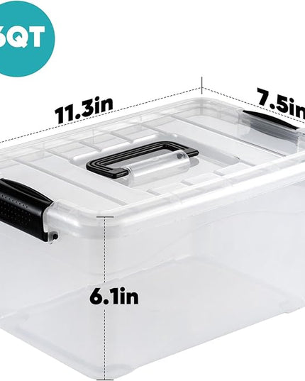 Nazhura Plastic Storage Bin, Stackable and Nestable Storage Boxes with White Lids and Secure Latching Buckles, Large Storage Container (CLEAR, 6QT 12PACK)