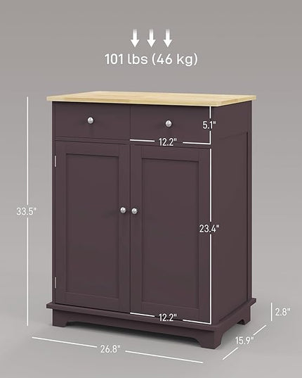 HOMCOM Sideboard with Solid Wood Countertop, Modern Kitchen Storage Cabinet, Coffee Bar Cabinet with 2 Drawers, Doors and Adjustable Shelf, Coffee