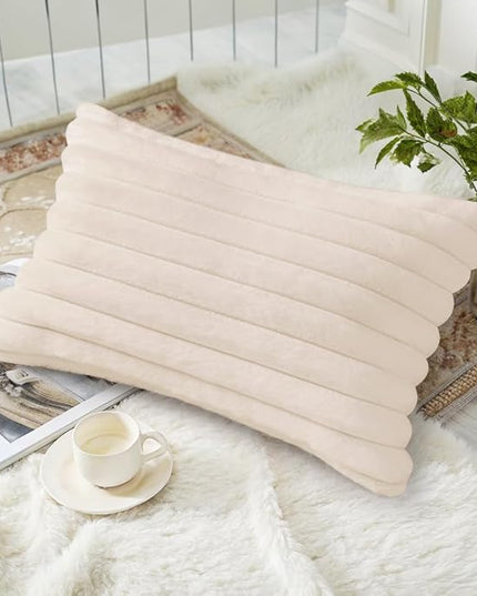 decorUhome Faux Fur Spring Throw Pillow Covers 12x20 Set of 2, Decorative Soft Plush Striped Lumbar Neutral Couch Euro Pillow Covers with Velvet Back for Sofa, Bed, Living Room Home Decor, Beige