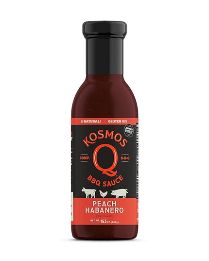 Kosmos Q Peach Habanero BBQ Sauce, Sweet and Spicy Barbecue Sauce for Ribs, Pork, Chicken, or Brisket, Thick Marinade & Finishing Glaze with Real Peach and Habanero Pepper, Gluten Free, 15.5 Oz Bottle