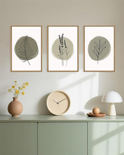 HOURIA Sage Green Leaves Framed Canvas Wall Art Set,Minimalism Boho Leaf Wall Decor, Modern Nature Botanical Wall Painting,Mid Century Plant Art Prints for Living Room,Bedroom,Farmhouse-16 x24 x3