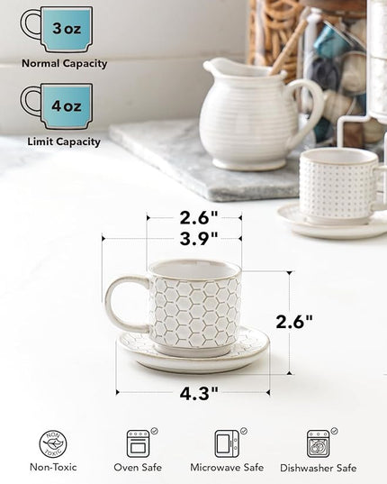 LE TAUCI Stackable Espresso Cups 4 oz with Saucers and Stand, Ceramic Embossment Coffee Cup for Double shot, Lungo, Ristretto, Dishwasher Oven Safe - Set of 4, Arctic white