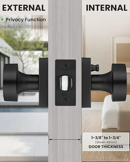 Black Door Knobs Interior, Heavy Duty Interior Door Knob, Square Bathroom/Bedroom Door Knob with Lock, Zinc Alloy Matte Black Indoor DoorKnob (1 Pack)