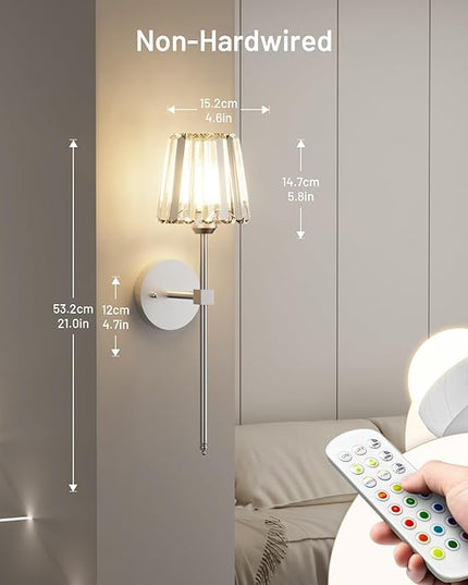 Crystal Battery Operated Wall Sconces Set of 2, Chrome Rechargeable Wireless Wall Lights with Crystal Lampshade, 12 RGB and 3CCT Dimmable Wall Lamps with Remote for Bedroom Living Room Hallway