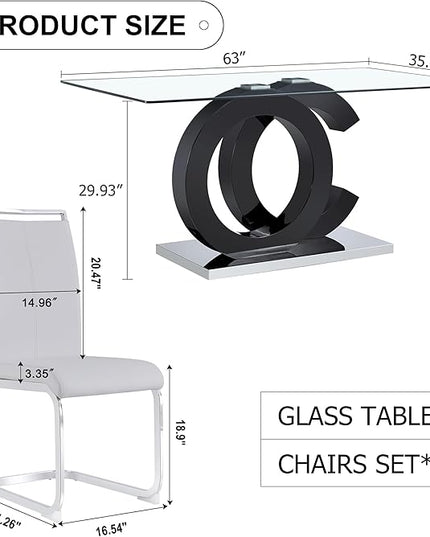 Ebullient Glass Dining Table Set for 6 ，7 Piece Dining Table Set,Tempered Glass Table Top，Modern Dining Room Table with 6 PU Leather Ergonomic Dining Chairs